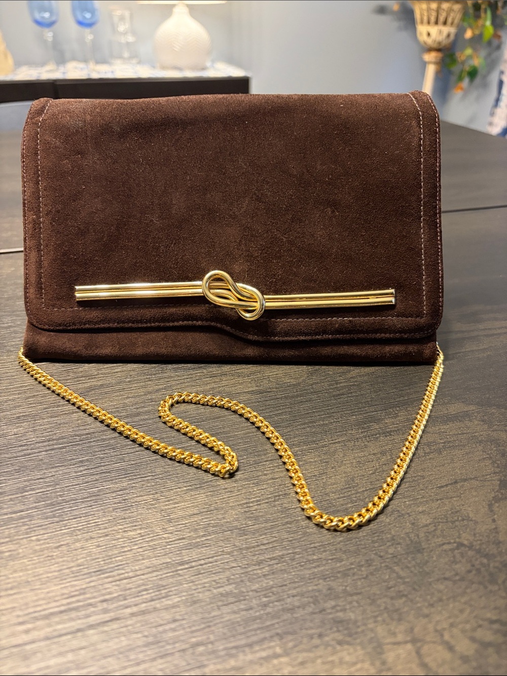 Vintage Susan Gail Brown Suede Clutch Convertible Gold Chain Shoulder Bag MCM